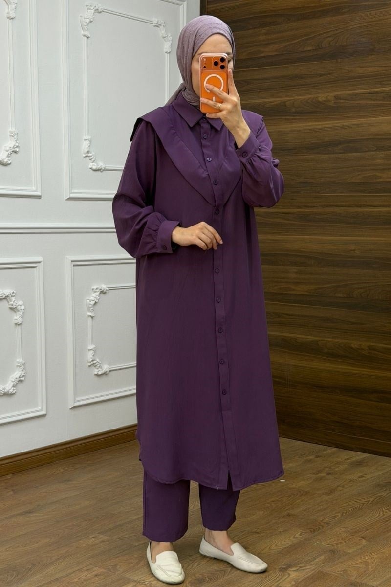 V Pervazlı Linda Takım Mor
