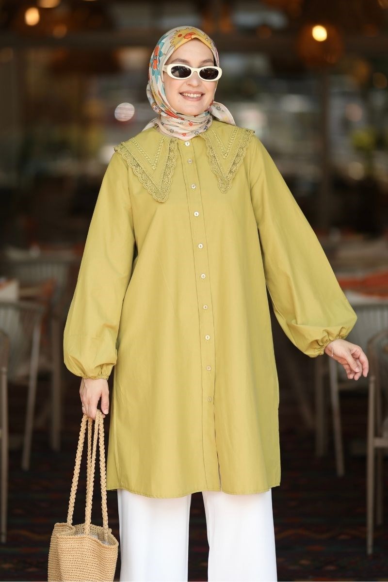 Yakası Dantelli Poplin Tunik Olive