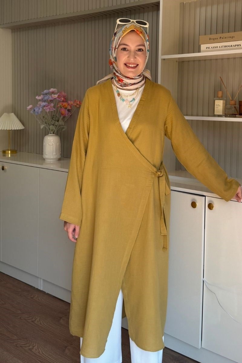 Yandan Bağlamalı Müslin Kimono Tunik Hardal