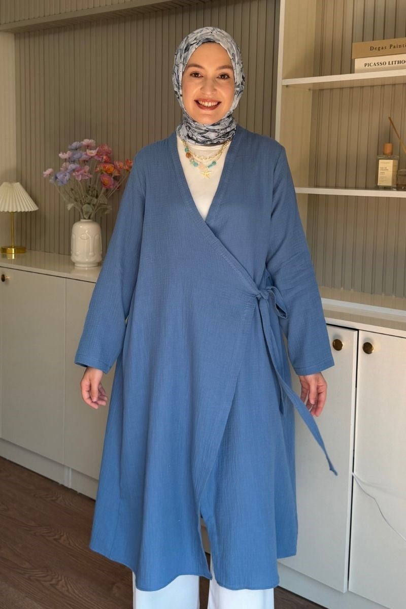 Yandan Bağlamalı Müslin Kimono Tunik İndigo