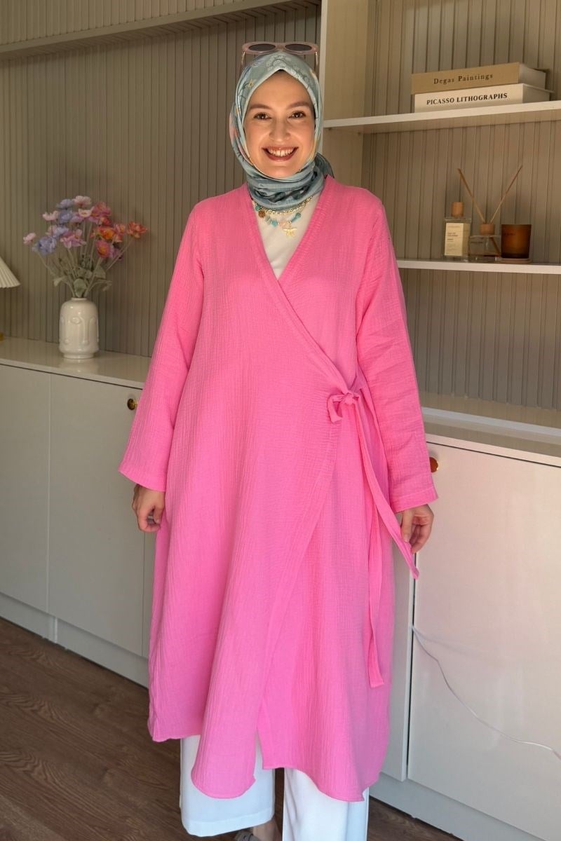 Yandan Bağlamalı Müslin Kimono Tunik Pembe
