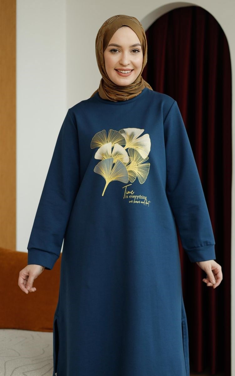 Yaprak Baskılı Uzun Sweat Lacivert