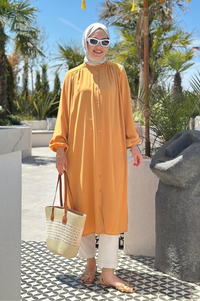 Zarif Düğmeli Medine İpeği Tunik Hardal