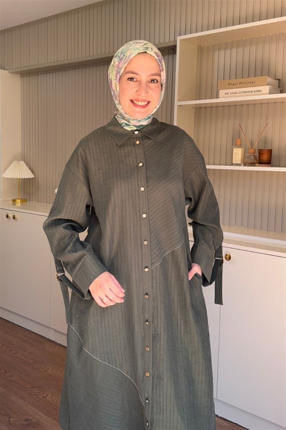 Armine Trend Asimetrik Çizgili Tunik Açık Haki