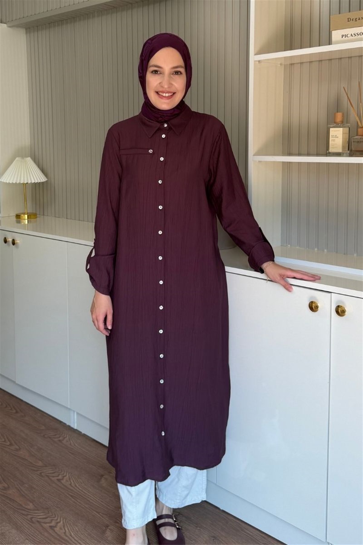 Armine Trend Boydan Düğmeli Cep Detaylı Uzun Tunik Mürdüm