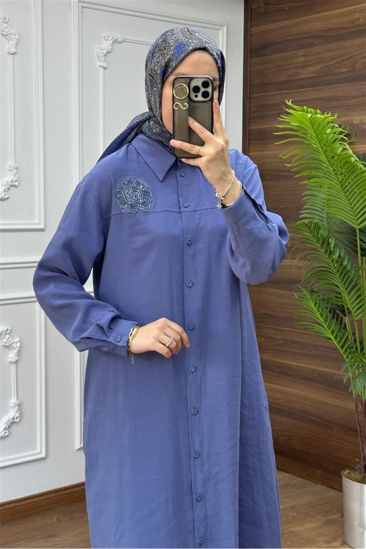 Armine Trend Çiçek Detaylı Uzun Tunik İndigo