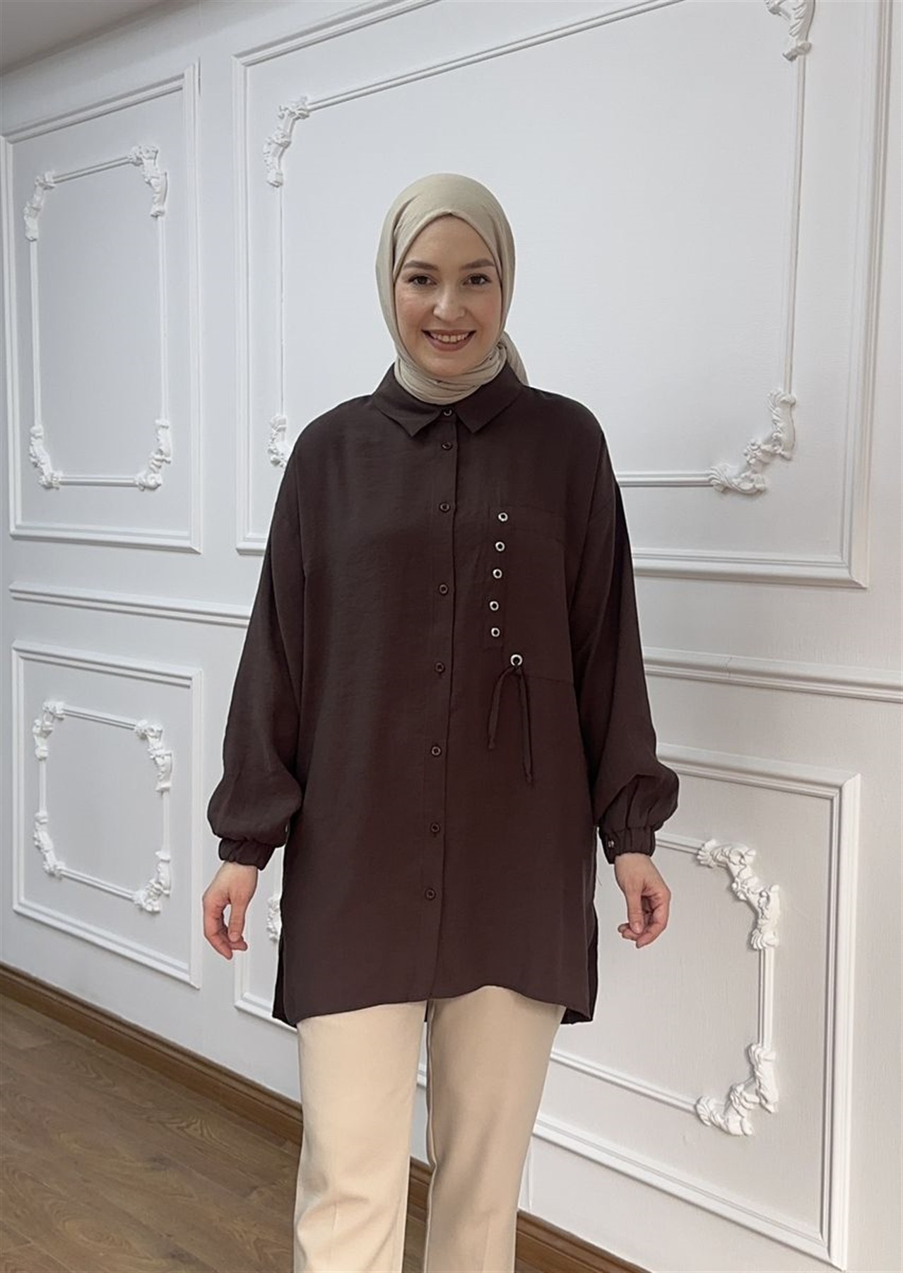 Armine Trend Kuş Gözü Detaylı Tunik Kahve