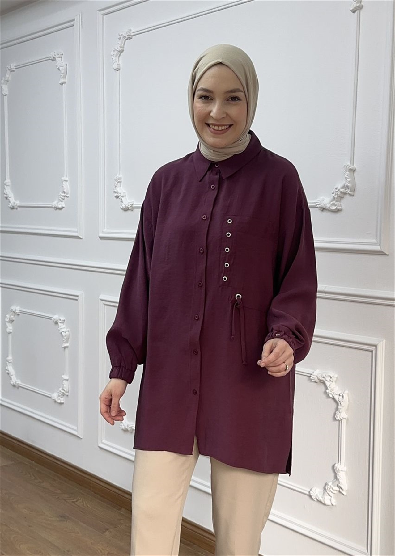 Armine Trend Kuş Gözü Detaylı Tunik Mürdüm