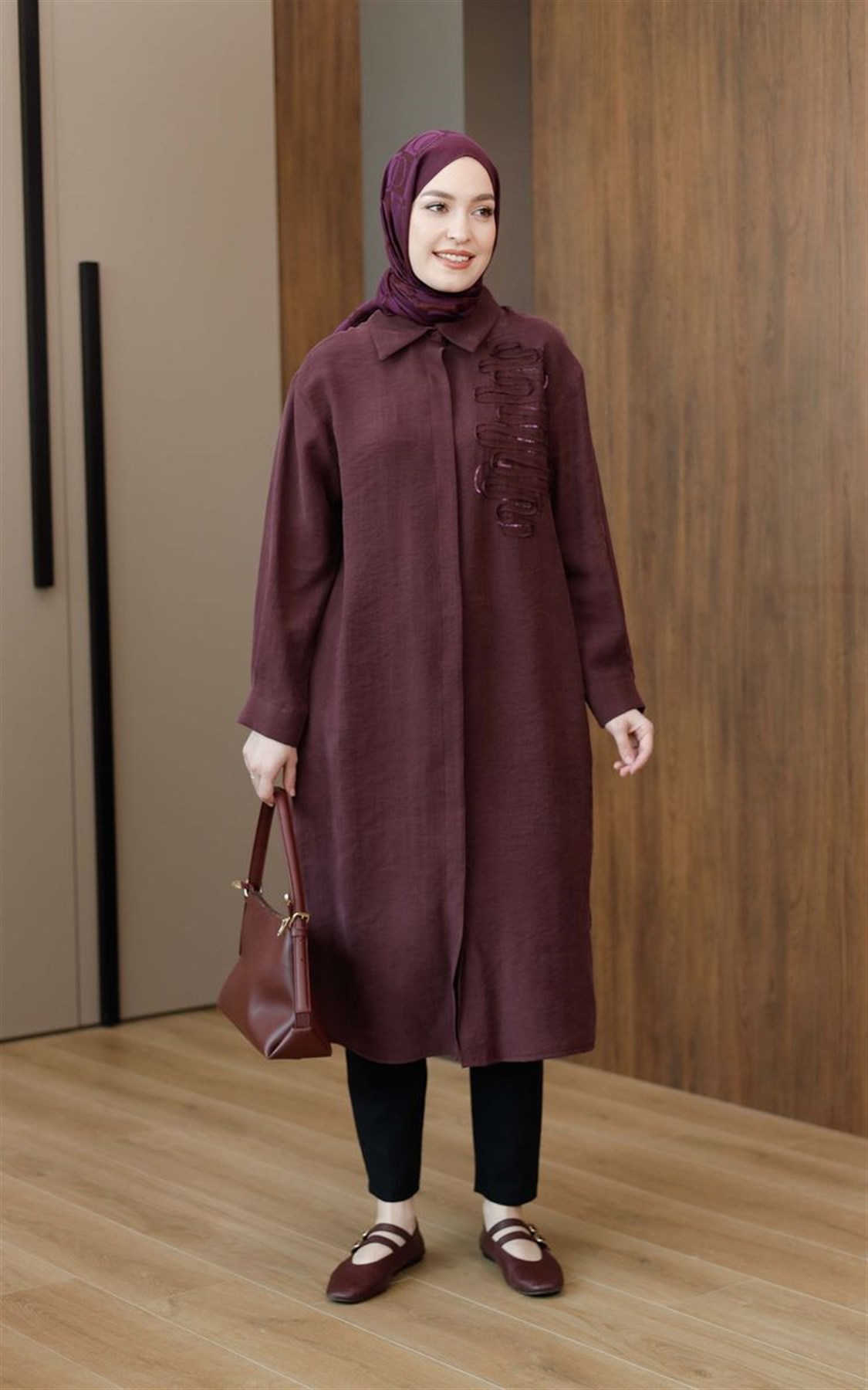 Armine Trend Pul Detaylı Uzun Tunik Bordo