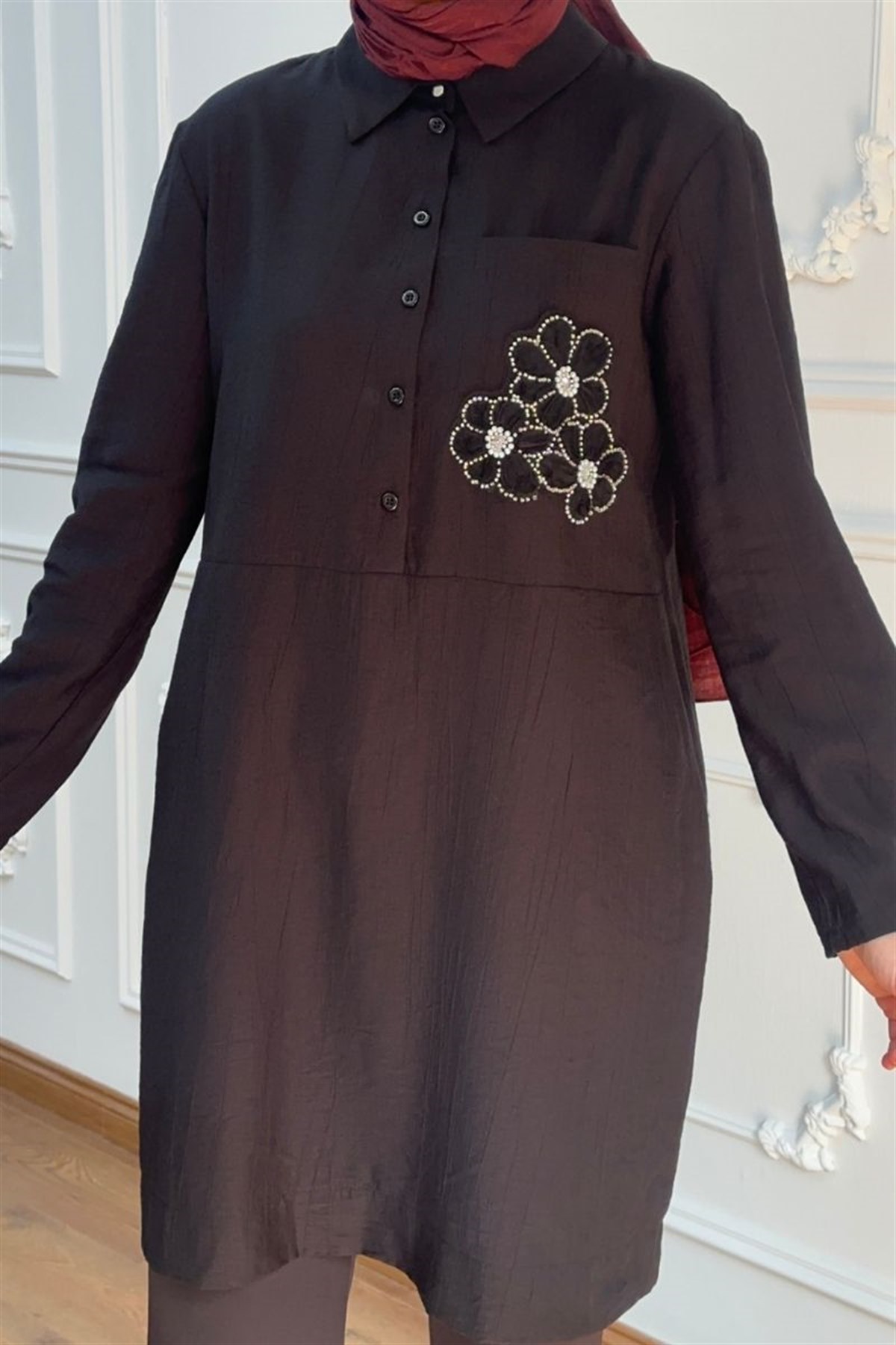 Armine Trend Yarım Düğmeli Çiçekli Tunik Siyah