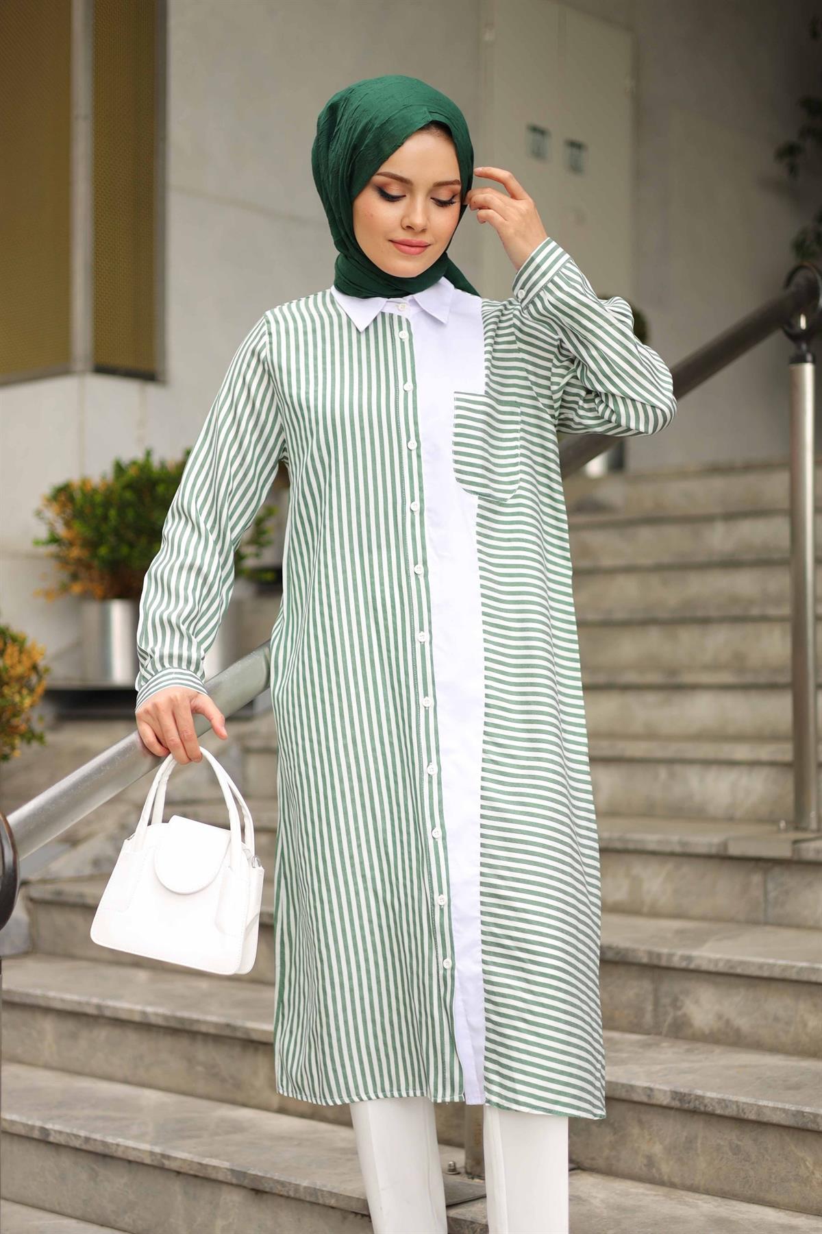 Asimetrik Çizgili Uzun Tunik Yeşil