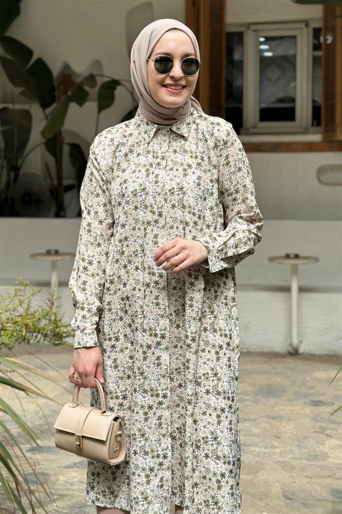 Basic Flowers Uzun Gizli Patlı Tunik Haki