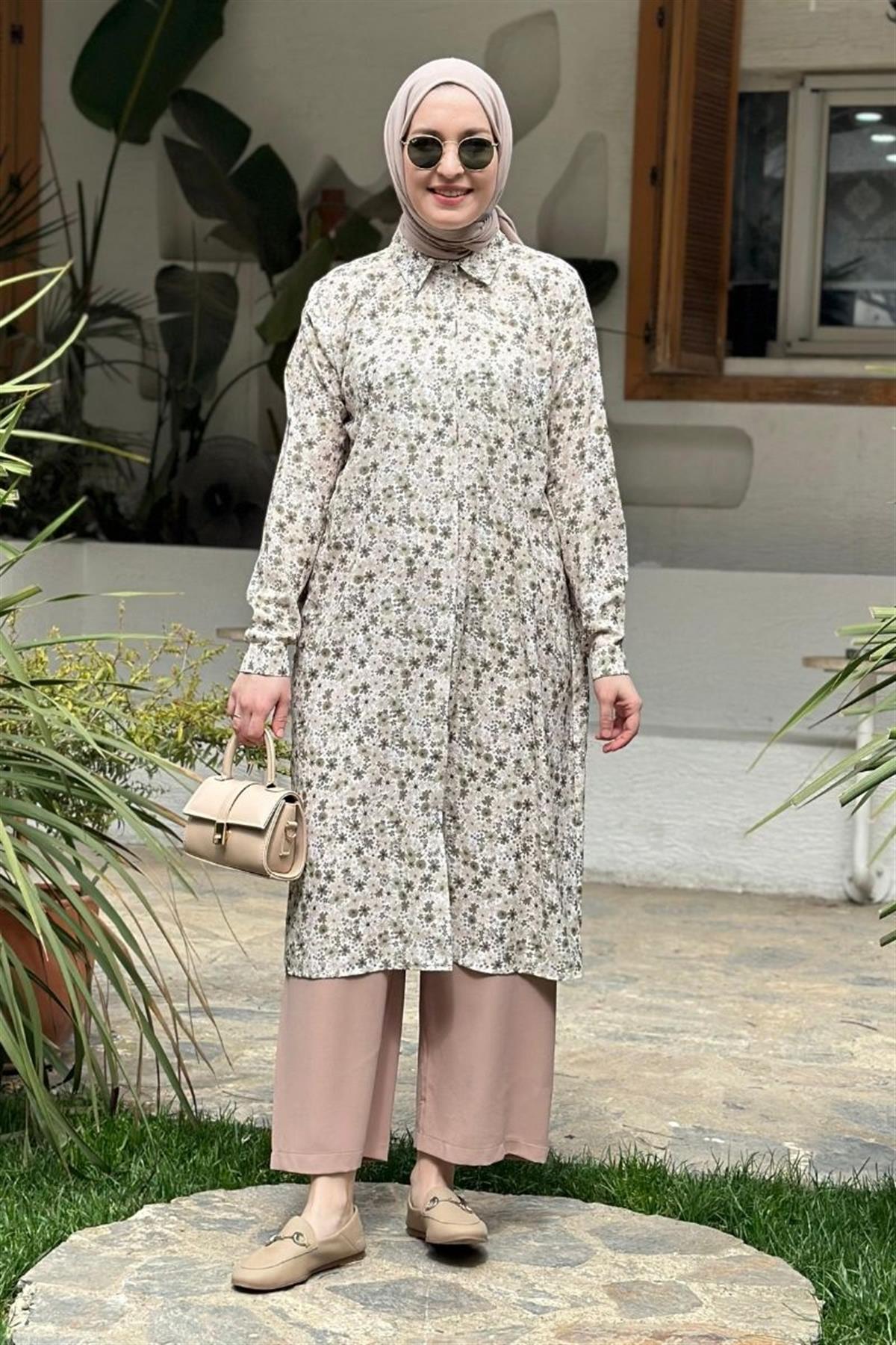 Basic Flowers Uzun Gizli Patlı Tunik Haki