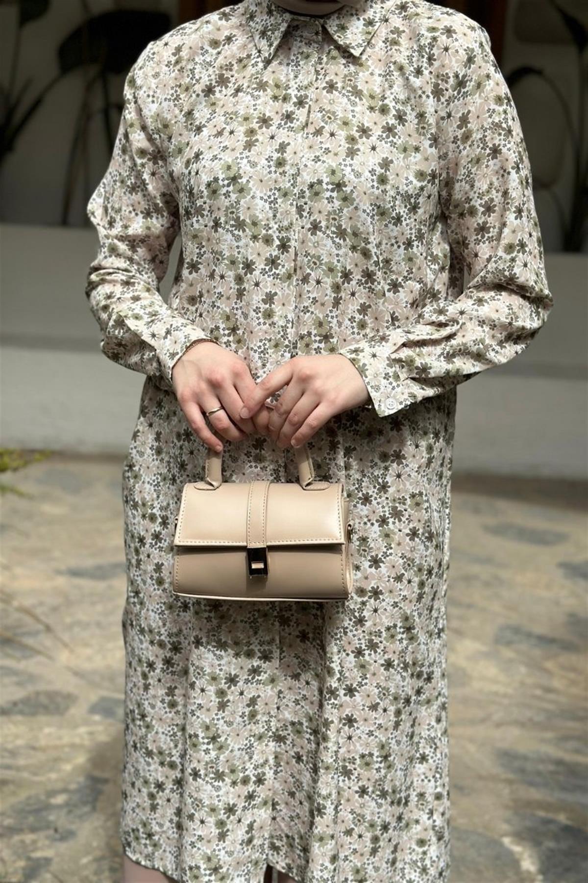 Basic Flowers Uzun Gizli Patlı Tunik Haki