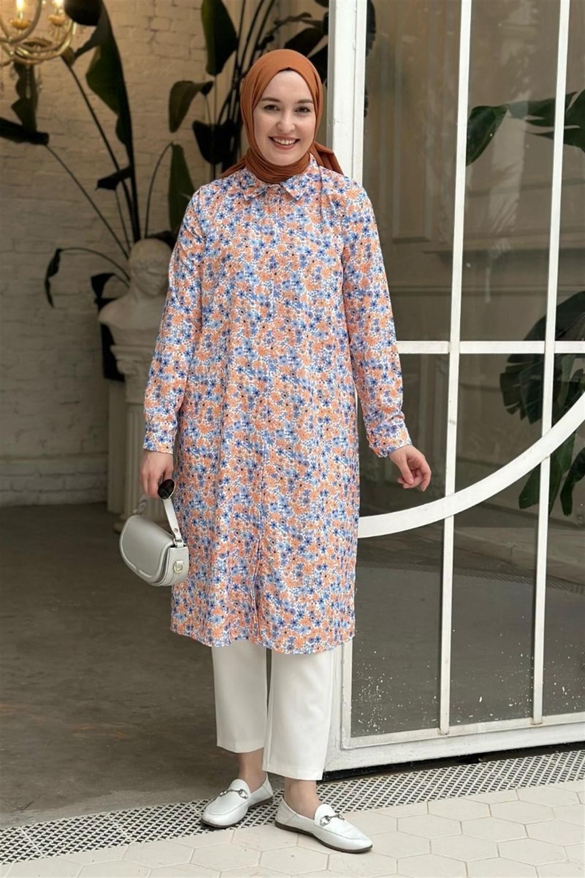 Basic Flowers Uzun Gizli Patlı Tunik Turuncu