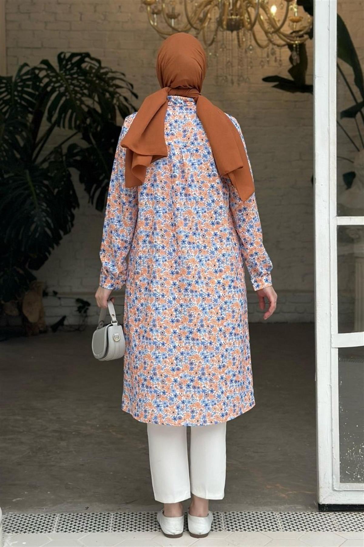 Basic Flowers Uzun Gizli Patlı Tunik Turuncu