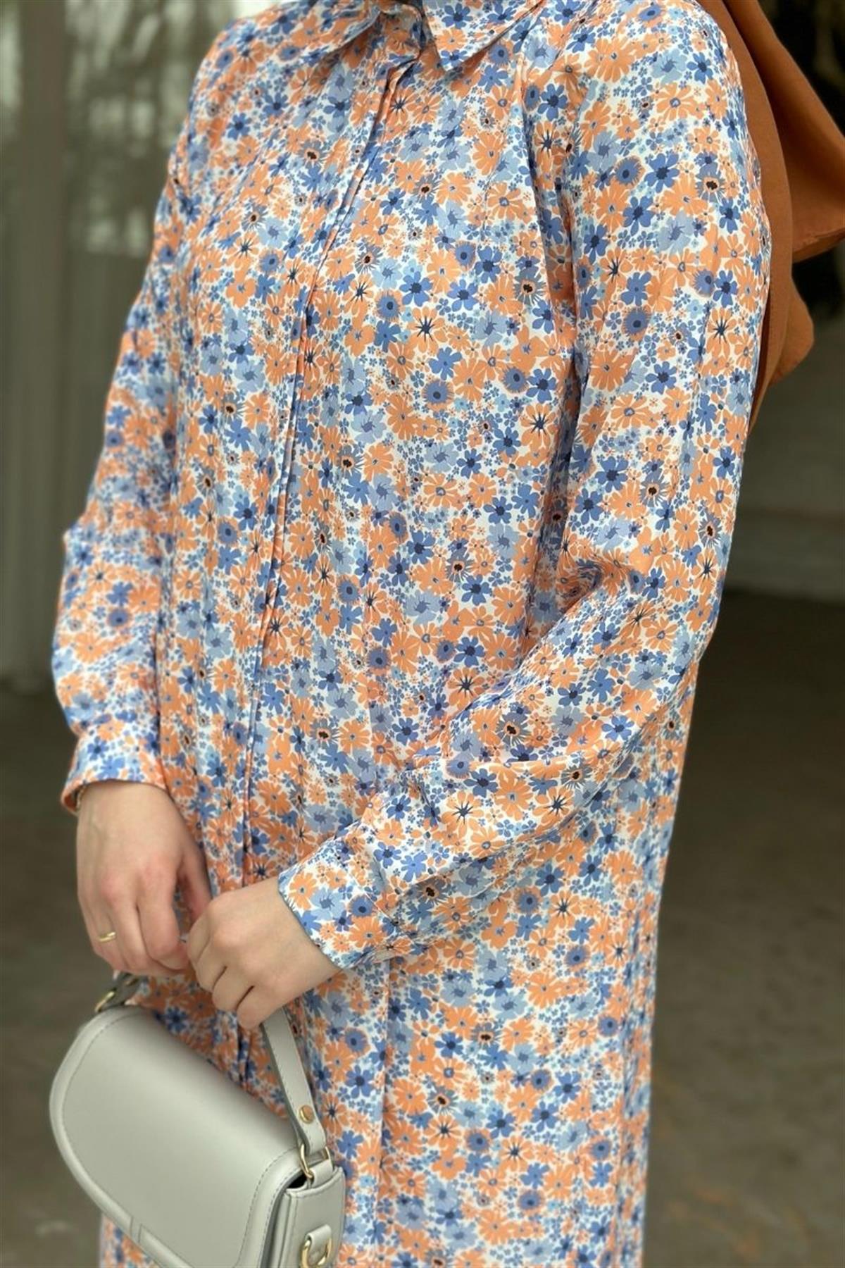 Basic Flowers Uzun Gizli Patlı Tunik Turuncu