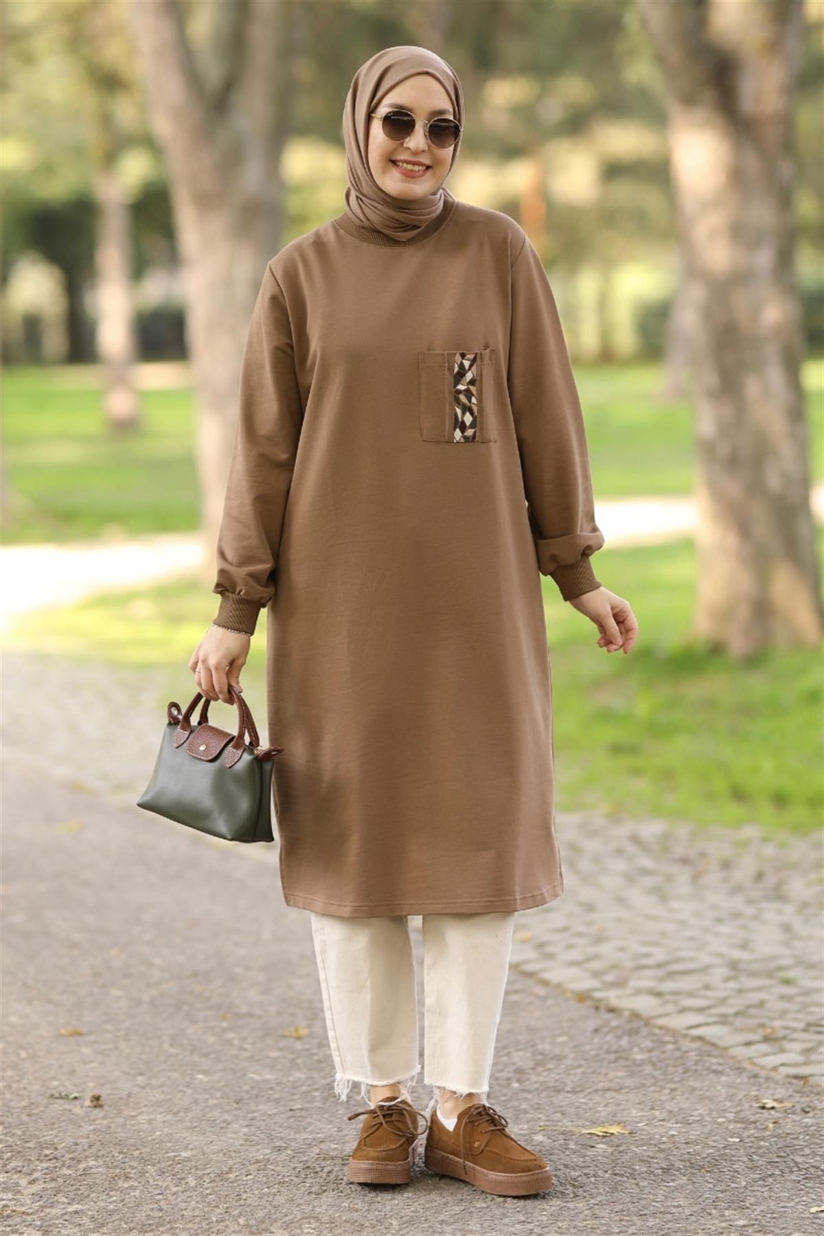 Basic Nakışlı Uzun Sweat Kahve