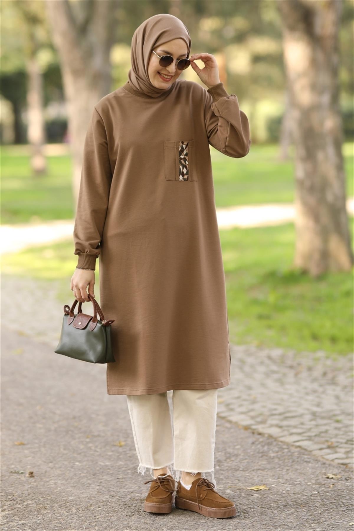 Basic Nakışlı Uzun Sweat Kahve