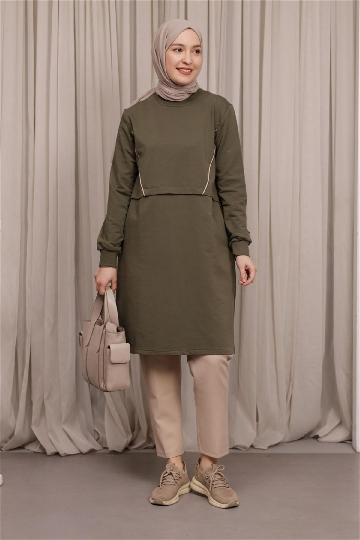 Biye Detaylı Uzun Sweat Haki