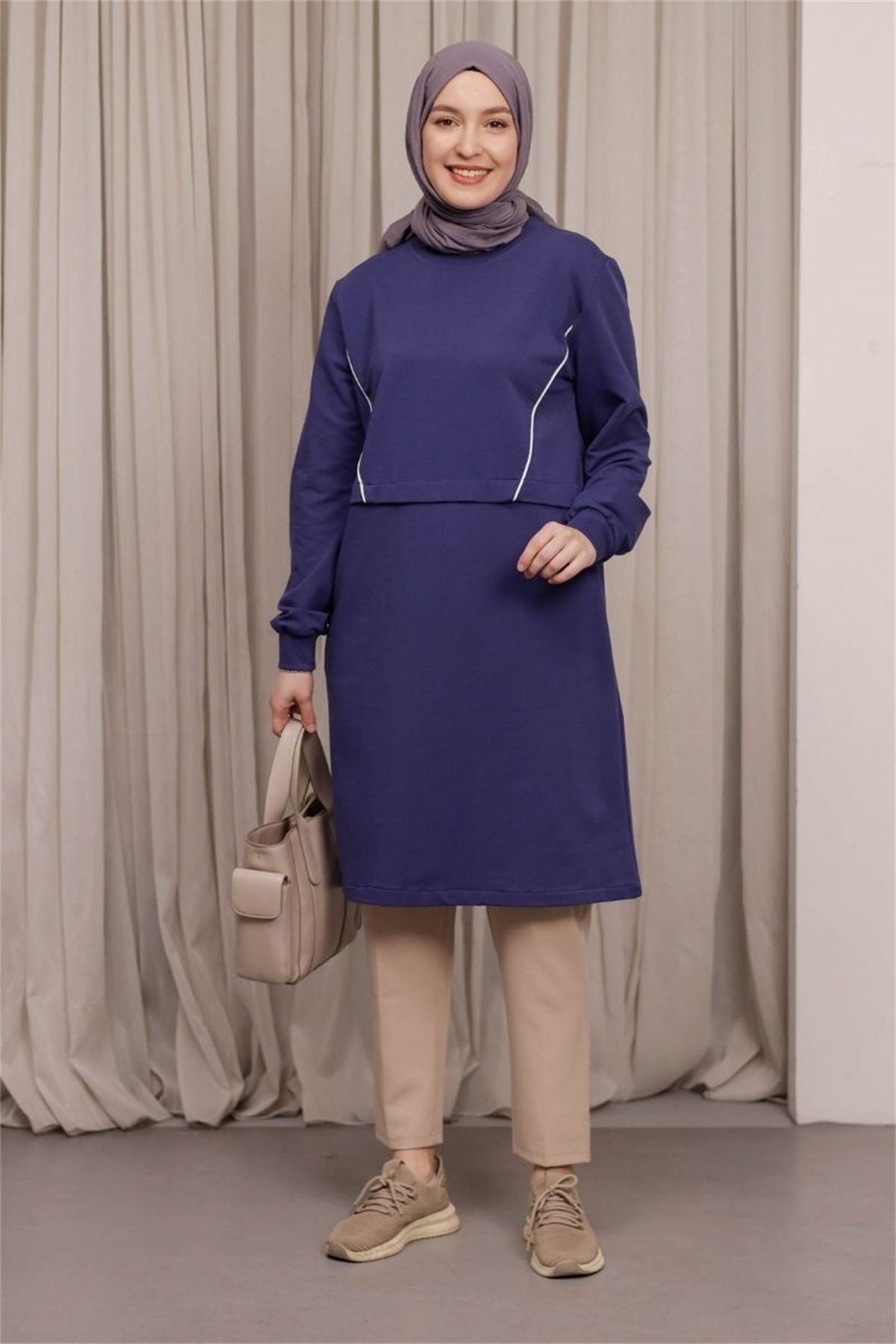 Biye Detaylı Uzun Sweat Mor