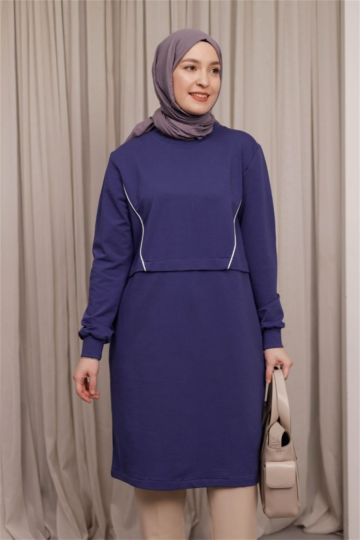 Biye Detaylı Uzun Sweat Mor