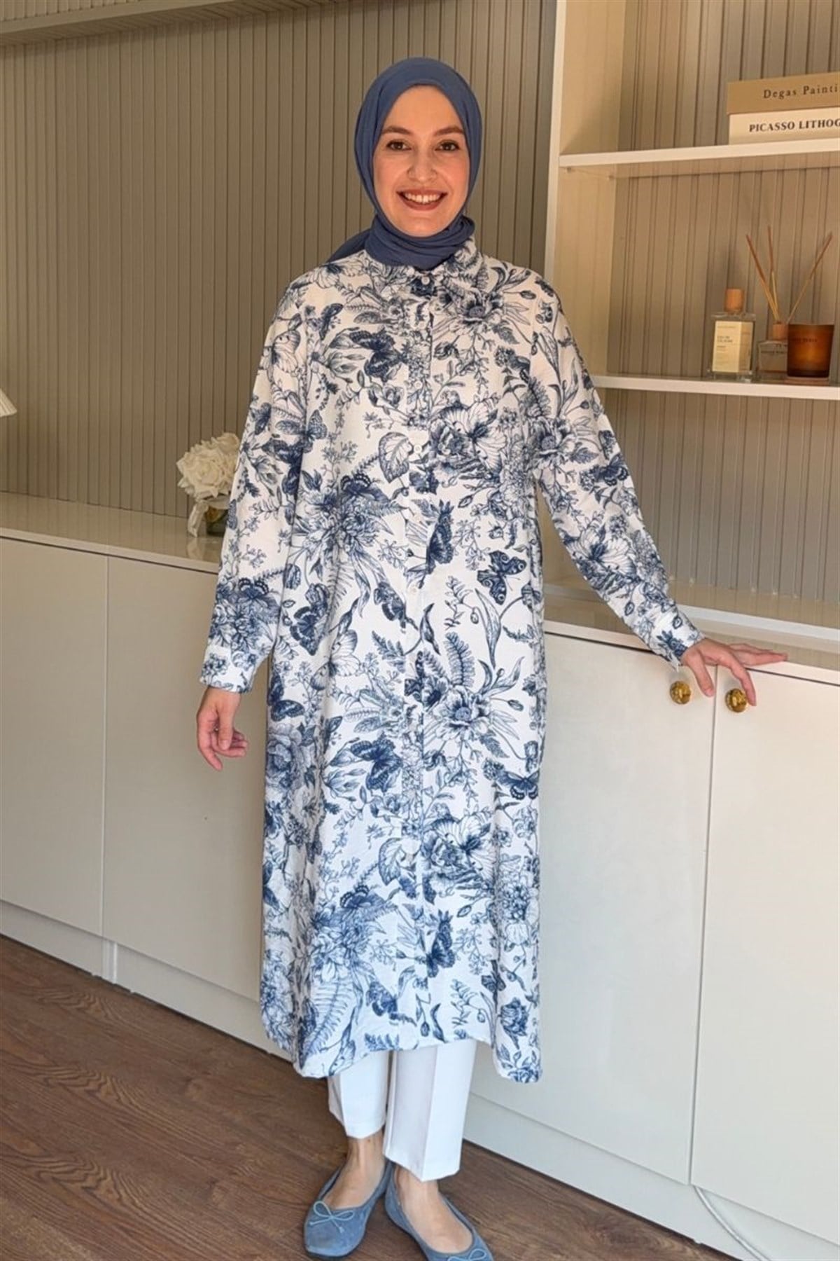 Botanik Desen 120 cm Uzun Tunik Mavi 