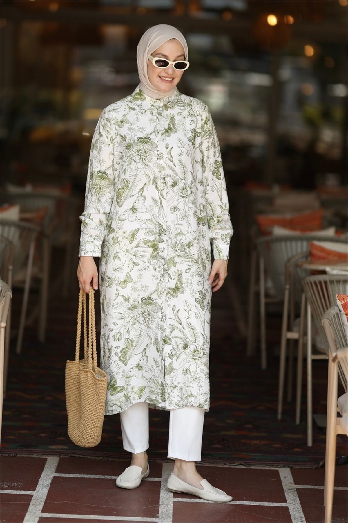 Botanik Desen 120 cm Uzun Tunik Yeşil