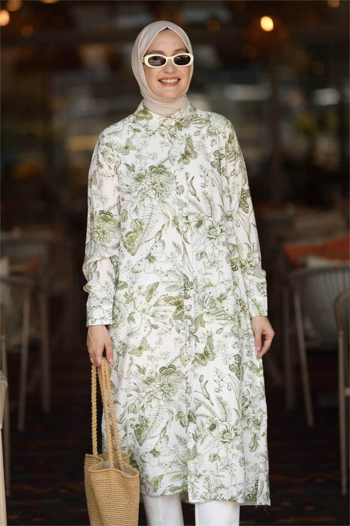 Botanik Desen 120 cm Uzun Tunik Yeşil