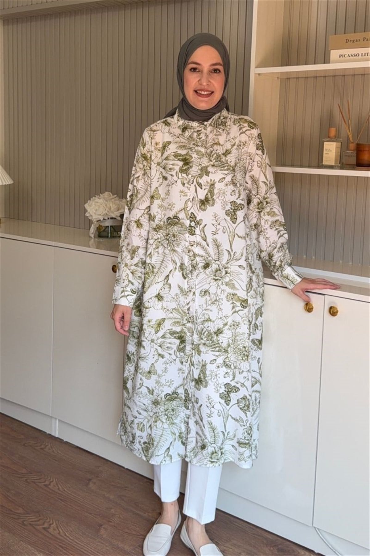 Botanik Desen 120 cm Uzun Tunik Yeşil
