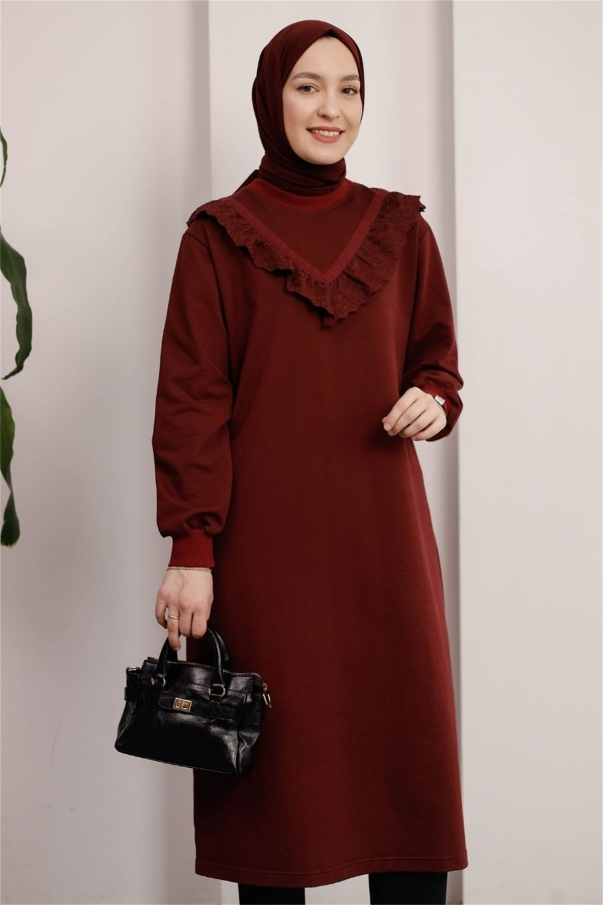 Brode Detaylı Uzun Sweat Bordo