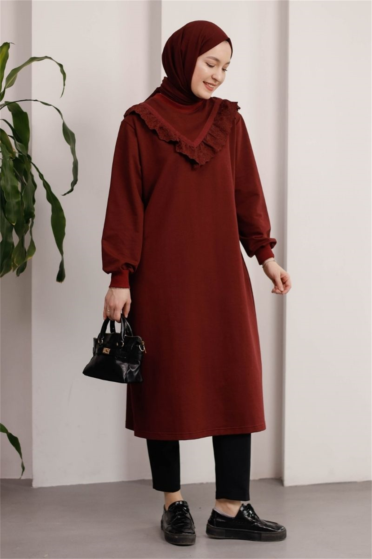 Brode Detaylı Uzun Sweat Bordo