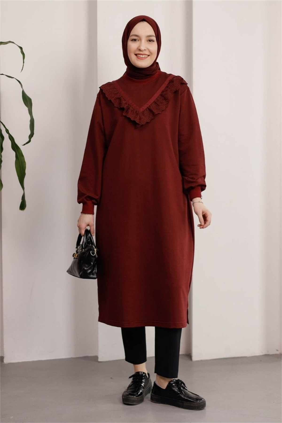 Brode Detaylı Uzun Sweat Bordo