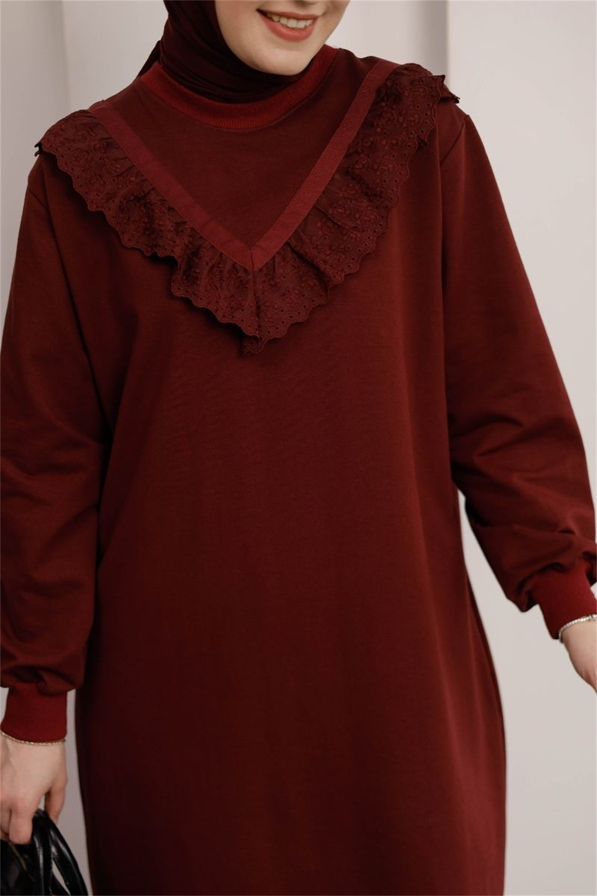 Brode Detaylı Uzun Sweat Bordo