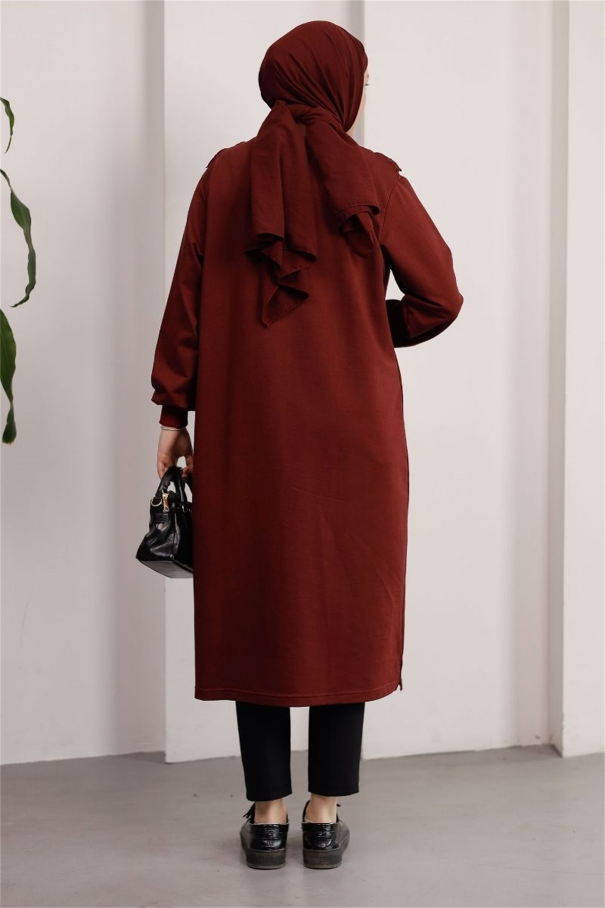 Brode Detaylı Uzun Sweat Bordo