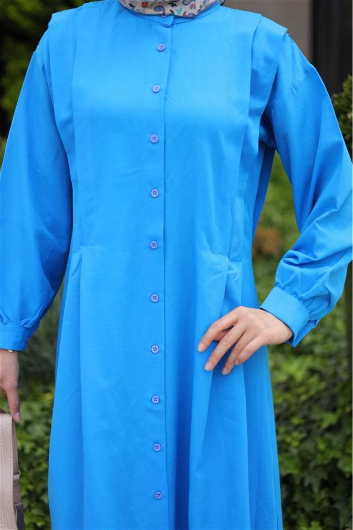 Bukle Poplin Kumaş Uzun Elbise Mavi