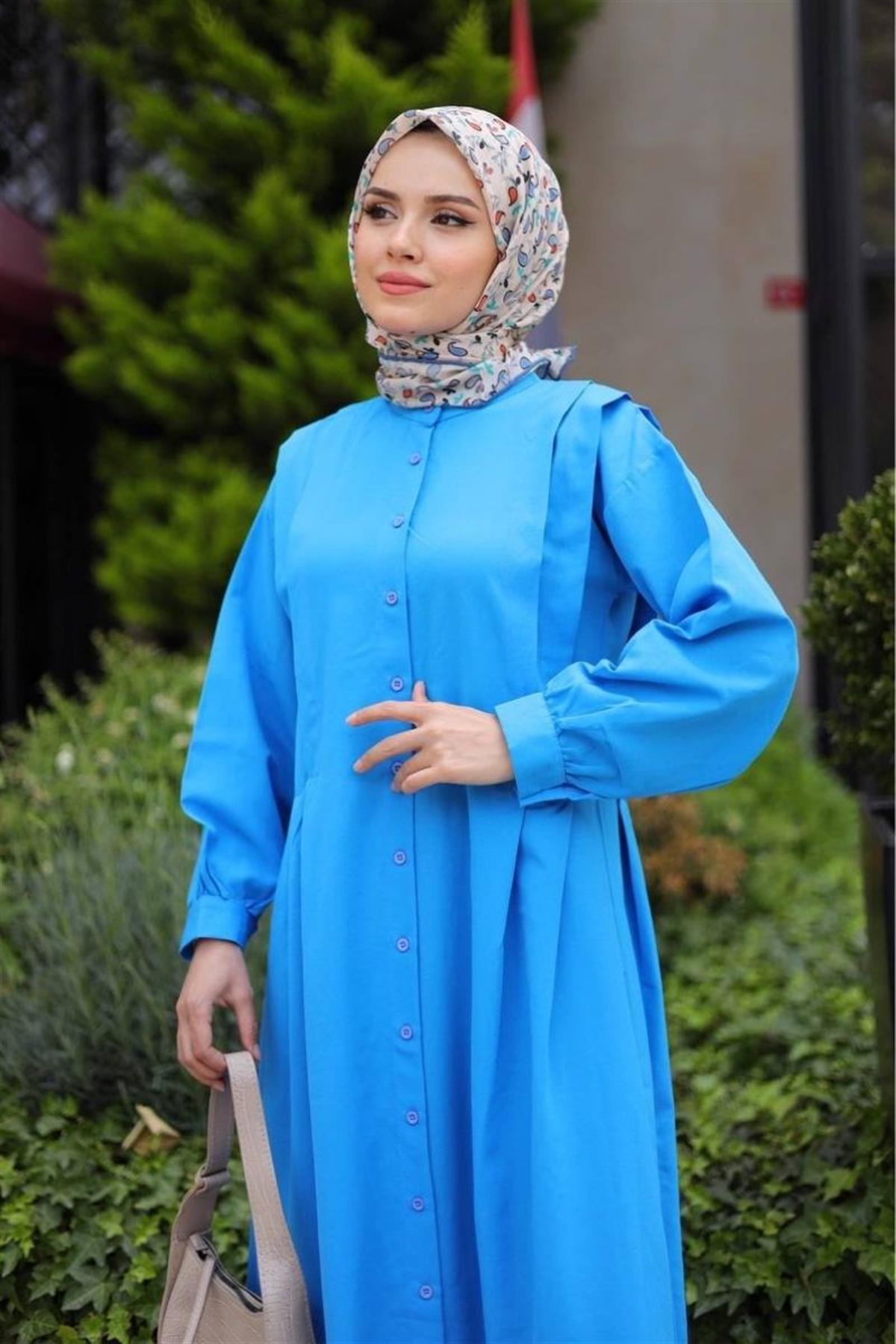 Bukle Poplin Kumaş Uzun Elbise Mavi