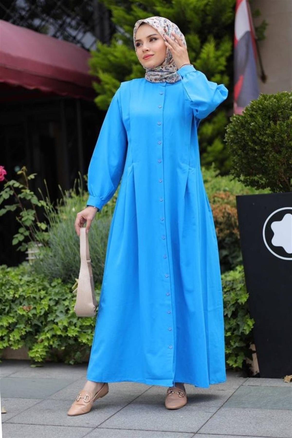 Bukle Poplin Kumaş Uzun Elbise Mavi