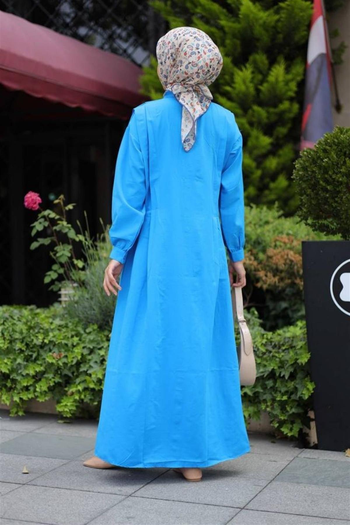 Bukle Poplin Kumaş Uzun Elbise Mavi