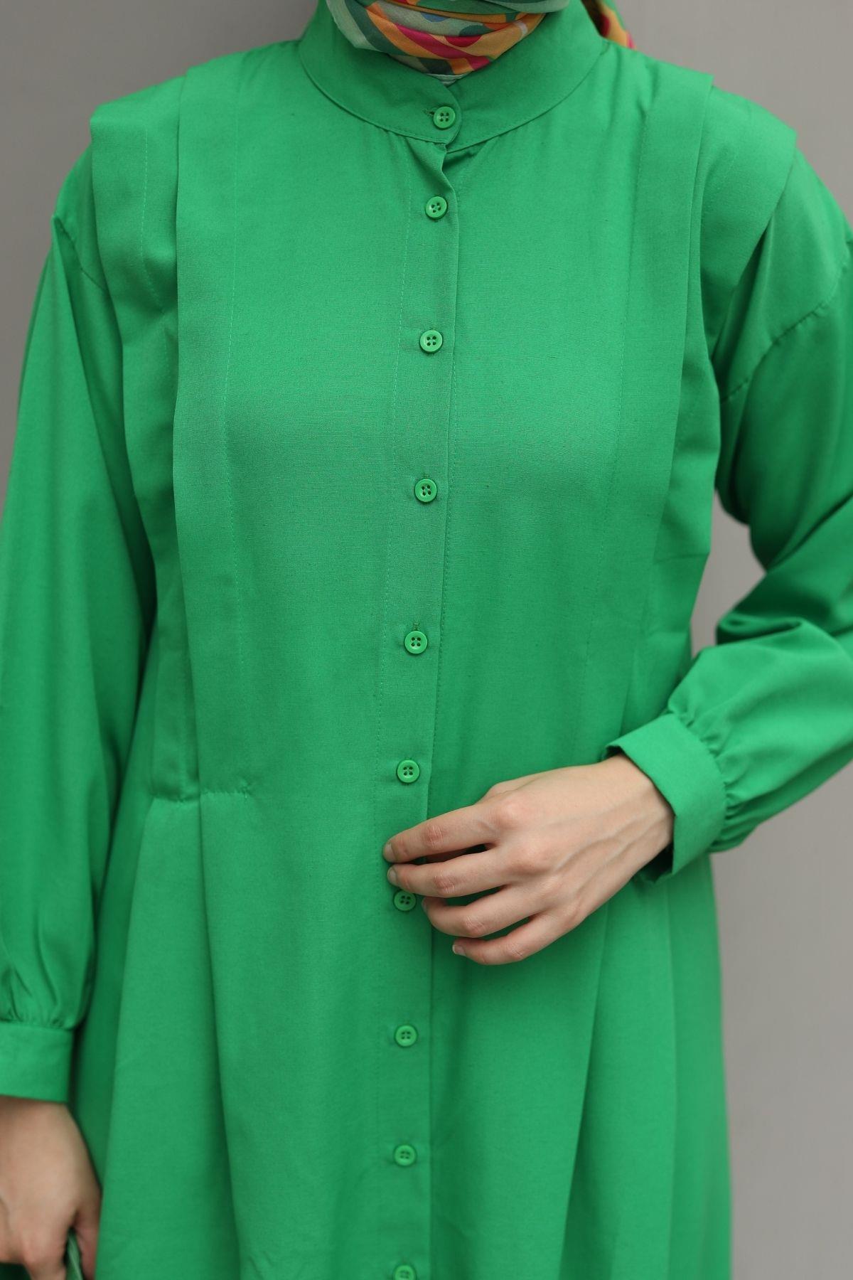 Bukle Poplin Kumaş Uzun Elbise Yeşil