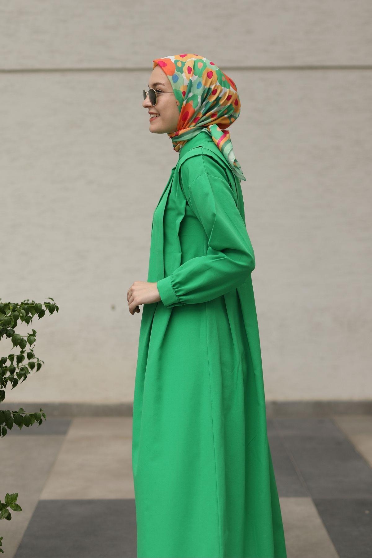 Bukle Poplin Kumaş Uzun Elbise Yeşil