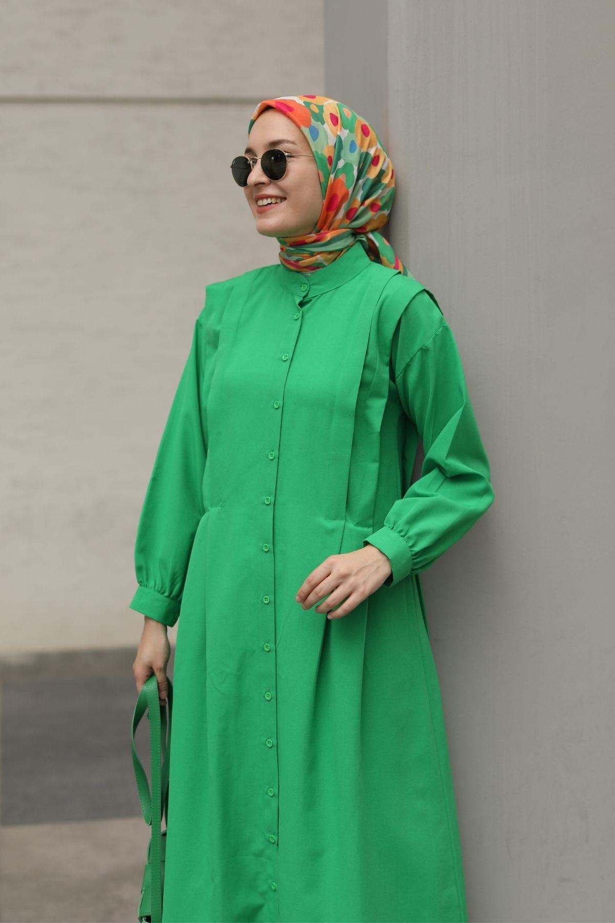 Bukle Poplin Kumaş Uzun Elbise Yeşil