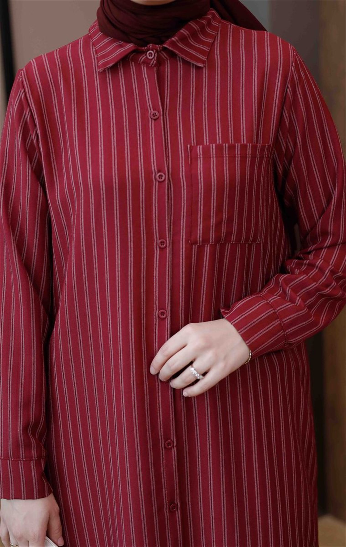Çizgili Cepli 120 cm Uzun Tunik Bordo
