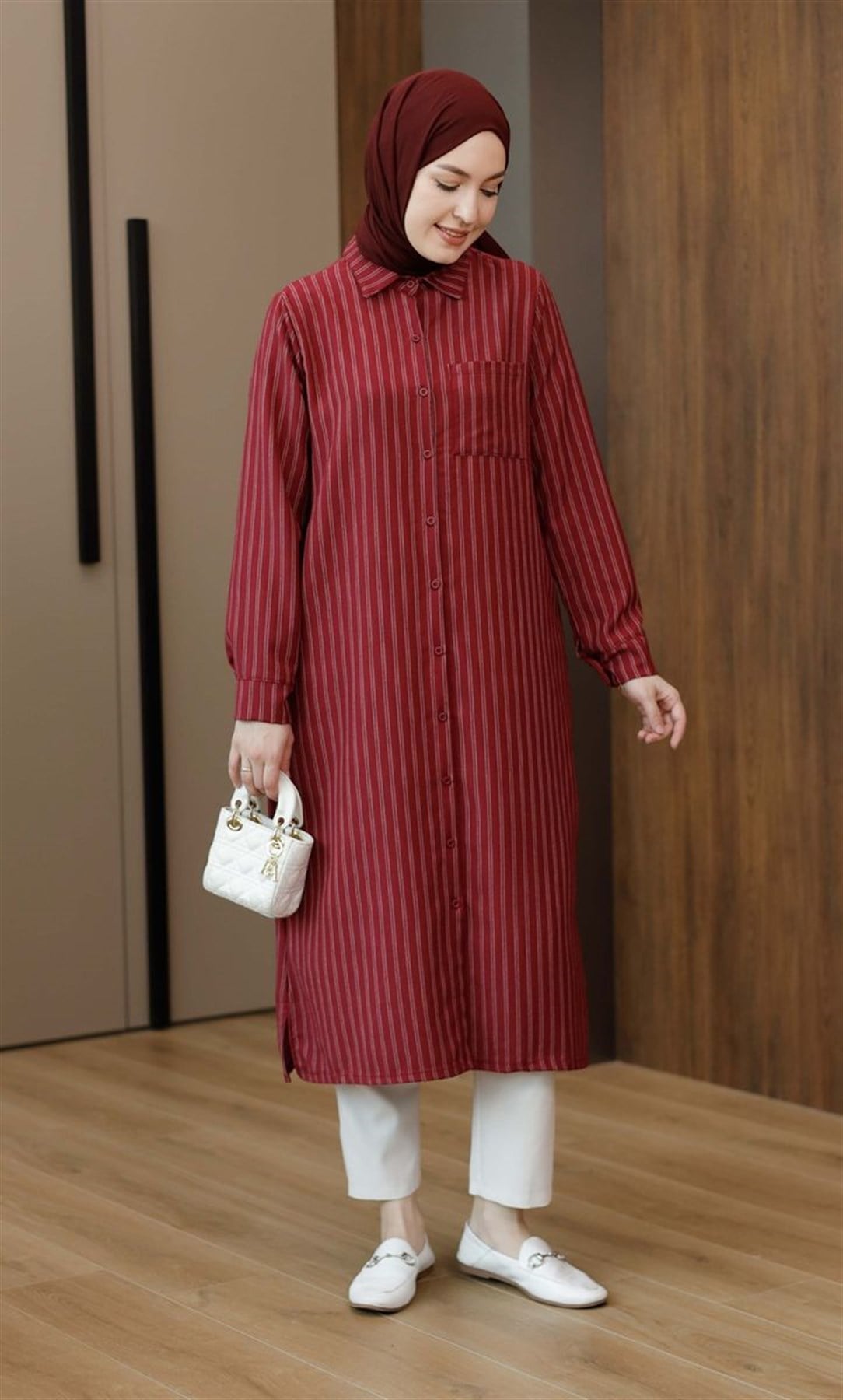 Çizgili Cepli 120 cm Uzun Tunik Bordo