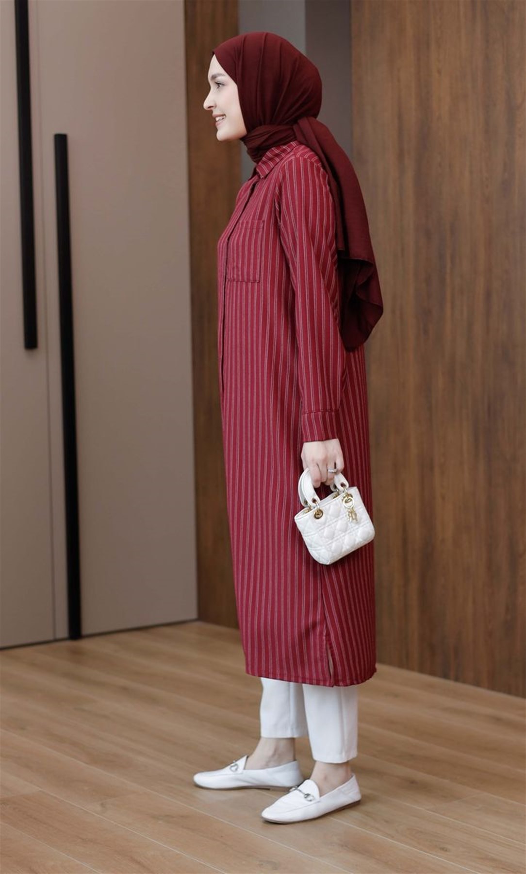 Çizgili Cepli 120 cm Uzun Tunik Bordo