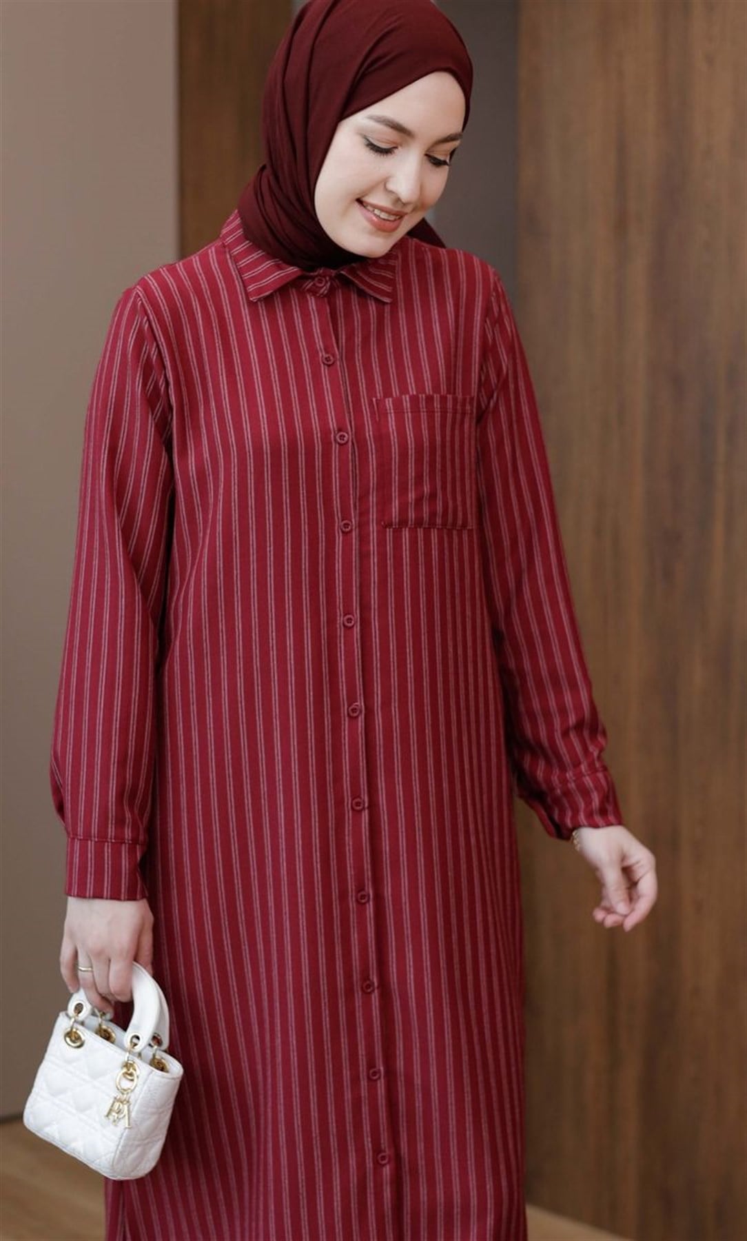 Çizgili Cepli 120 cm Uzun Tunik Bordo