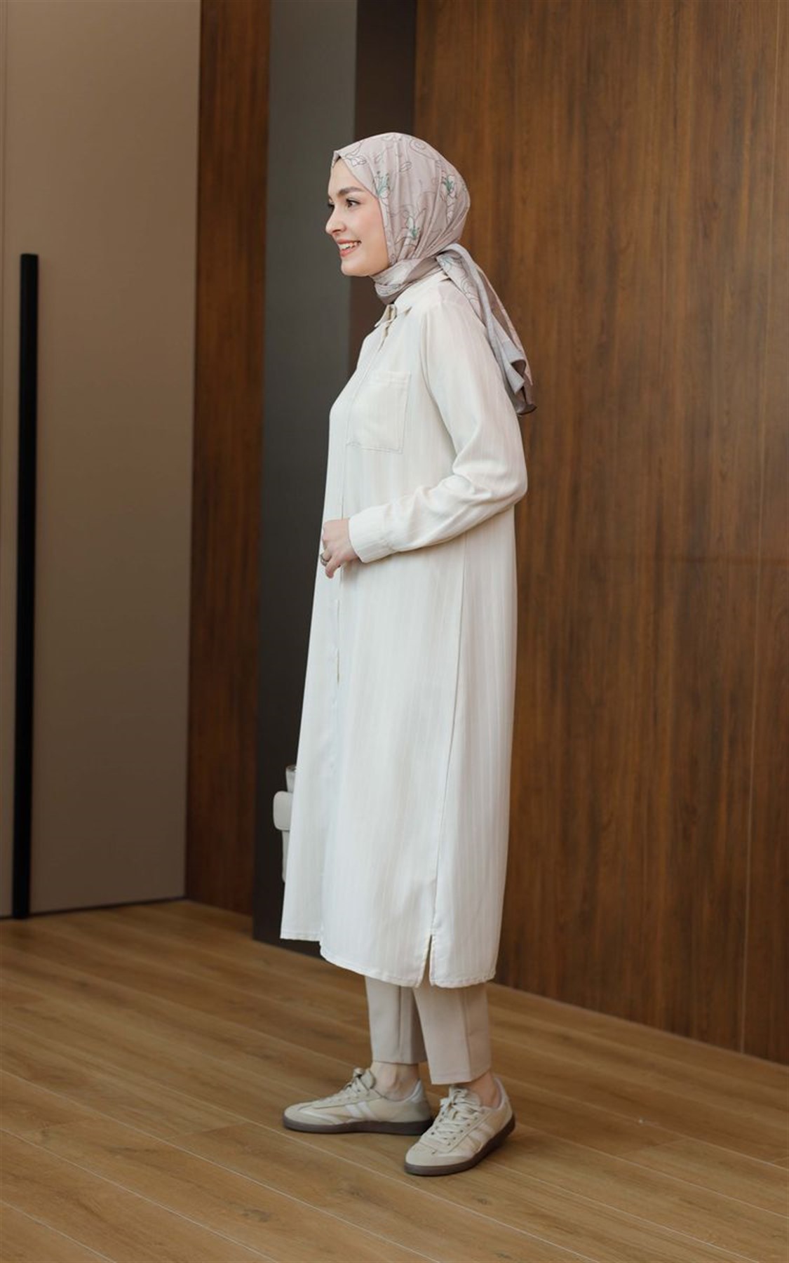 Çizgili Cepli 120 cm Uzun Tunik Krem