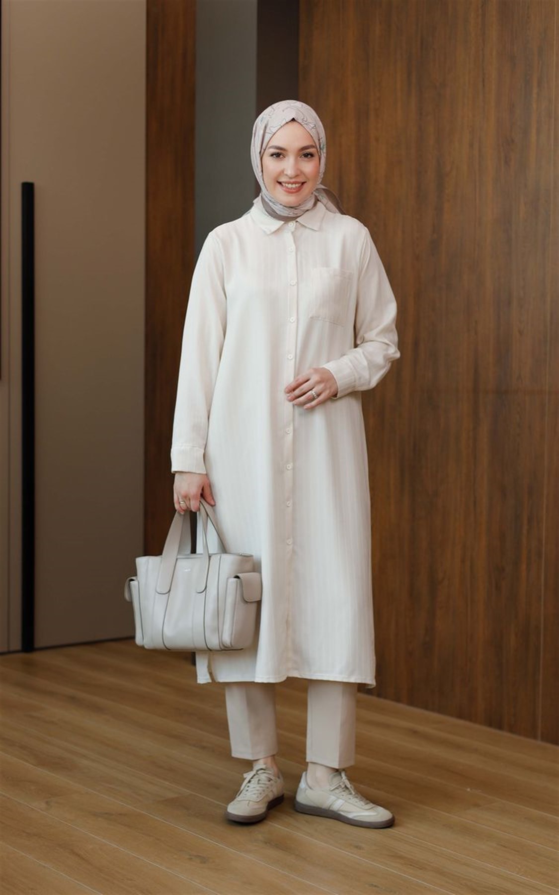 Çizgili Cepli 120 cm Uzun Tunik Krem