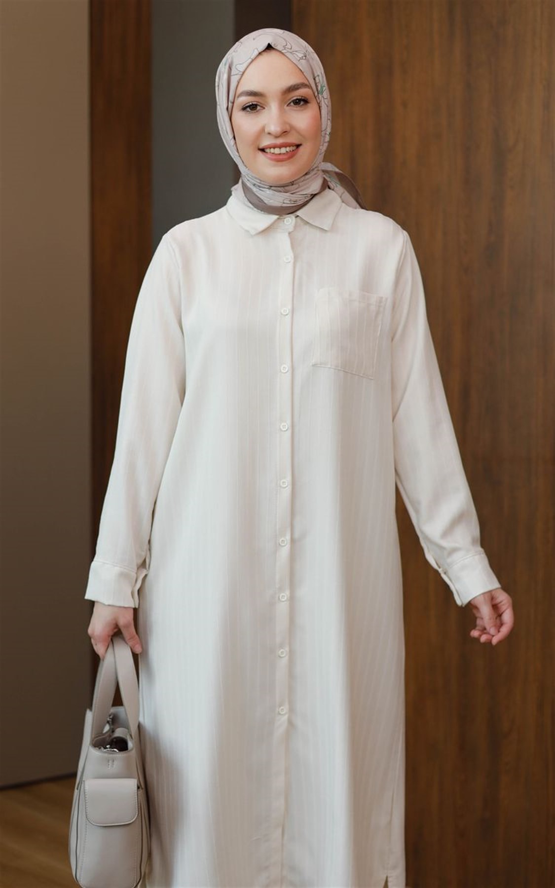 Çizgili Cepli 120 cm Uzun Tunik Krem