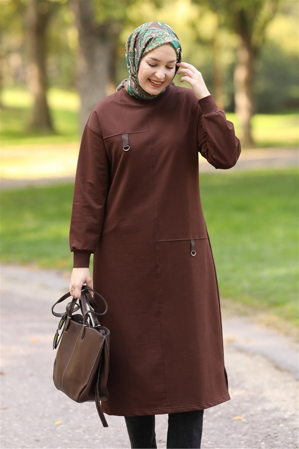 D Tokalı Uzun Sweat Acı Kahve